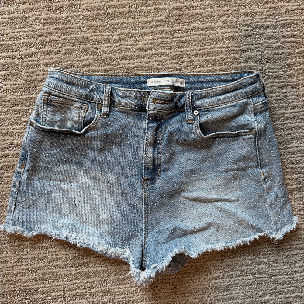 Altar'd State Light Blue Denim Shorts with Rhinestone Embellishment